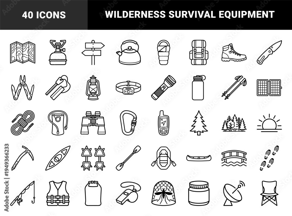 Naklejka premium Outdoor adventure and wilderness survival equipment in a technical monoline style. Minimalist black and white pictograms for camping, hiking, and water sports.