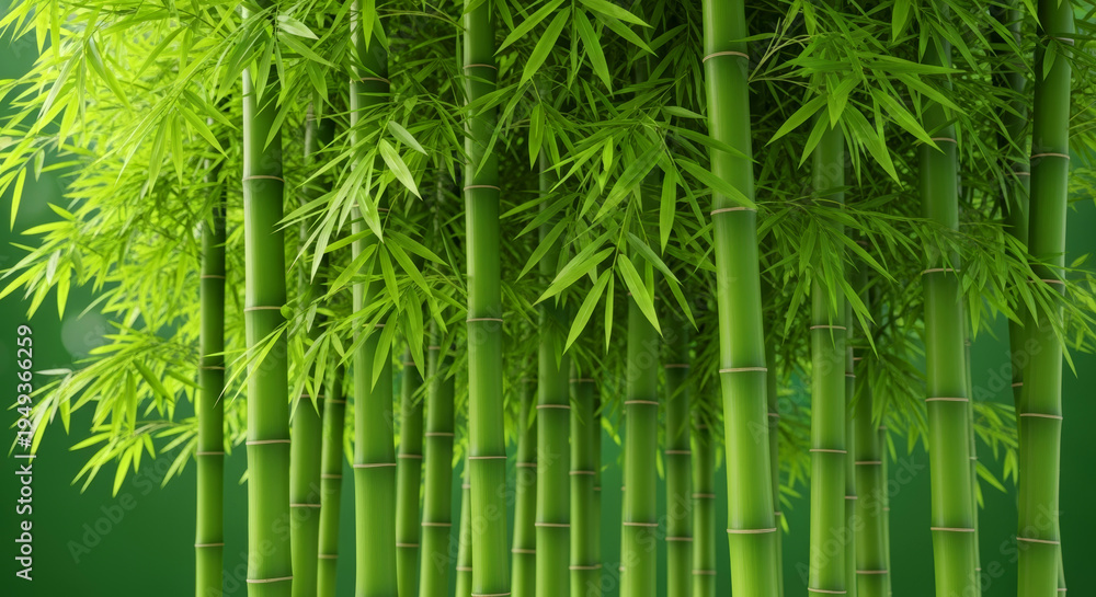 Fototapeta premium Lush Green Bamboo Forest with Tall Stalks and Fresh Leaves against Green Background