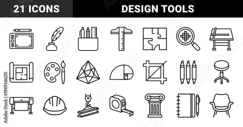 Architectural design and creative studio workflow elements featuring technical drafting tools and engineering equipment in monoline aesthetic.