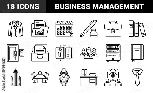 Corporate management and executive office workflow elements. Technical monoline pictograms for business strategy, financial reporting, and workplace organization.
