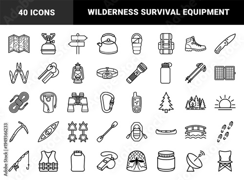 Outdoor adventure and wilderness survival equipment in a technical monoline style. Minimalist black and white pictograms for camping, hiking, and water sports.