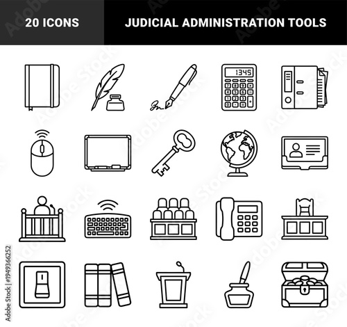 Legal and administrative workflow elements for judicial and corporate documentation. Technical monoline pictograms featuring court room, finance, and office management symbols.