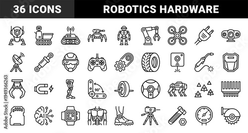 Robotics and industrial automation components for smart manufacturing. Technical monoline icons featuring robotic arms, drones, sensors, and bionic hardware.