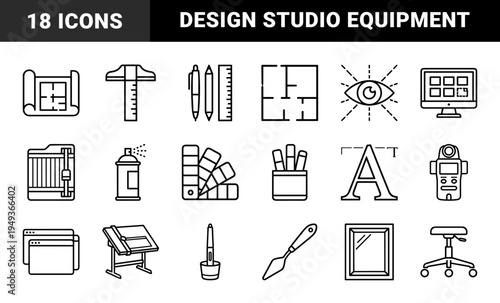 Architectural design and creative studio workflow elements. Technical monoline pictograms for interior planning, drafting, and artistic production.