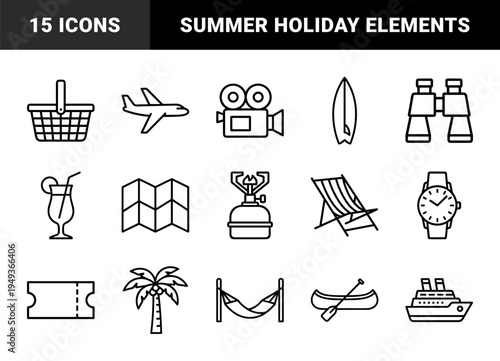 Vacation and summer tourism essentials in technical monoline style. Minimalist linear pictograms for travel planning, leisure activities, and outdoor adventures.