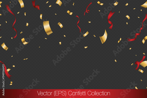 Realistic golden confetti with red ribbons isolated on transparent background. Vector illustration for holiday decorations, promotions and graphic projects