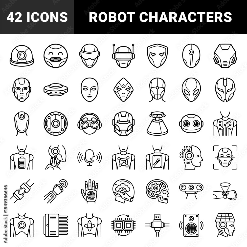 Fototapeta premium Artificial intelligence and robotic engineering elements for technical documentation. Precise monoline pictograms featuring android heads and cybernetic components.