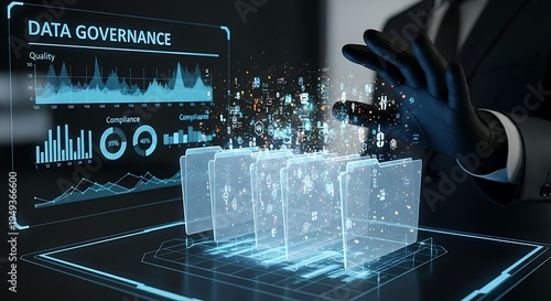 Data governance concept. A professional organizes holographic data into folders protected by shields, illustrating compliance, quality control, and data management policies.