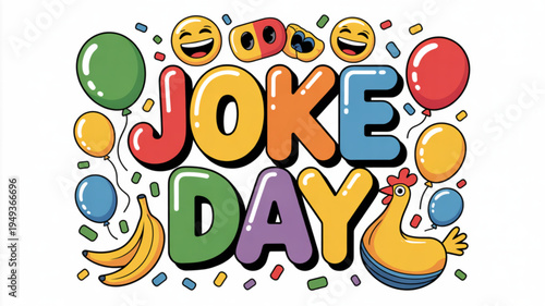 Colorful joke day celebration with balloons emojis and chicken