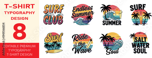 Vintage surfing badge collection with palm trees and ocean wave crest