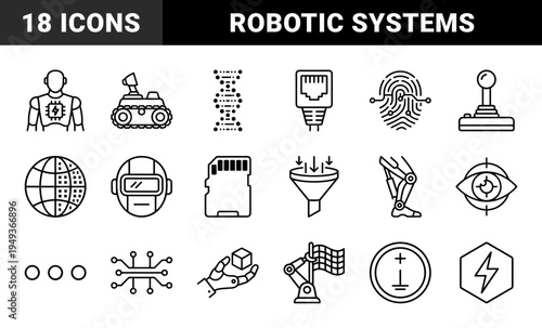 Robotics and artificial intelligence automation elements for technical documentation. Monoline black stroke pictograms featuring cybernetic systems and data processing.