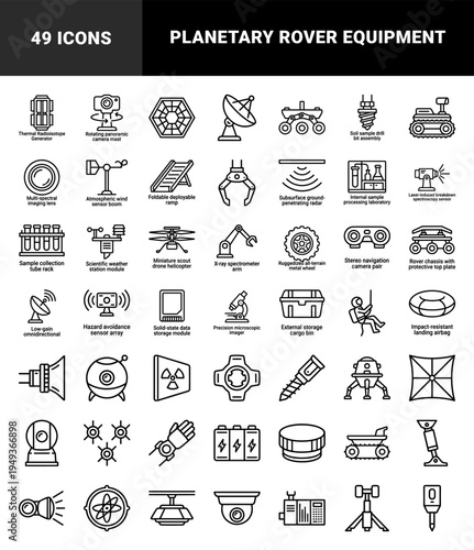 Mars exploration rover components and scientific planetary landing equipment. Technical monoline diagrams for aerospace engineering and space mission infographics.