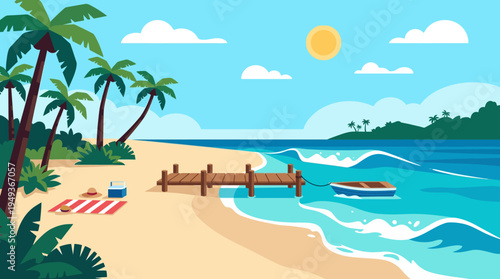 Sunny Tropical Beach Scene with Palm Trees, Wooden Pier, and Calm Blue Ocean at Coastline.