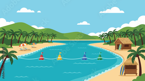 Sunny Beach Scene with Palm Trees and People on Vacation.