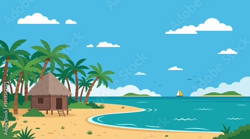 Tropical beach scene with thatched hut, palm trees and turquoise ocean along a sunny coastline.