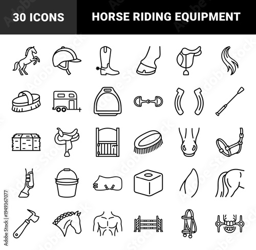 Equine care and equestrian sports equipment elements. Monoline technical pictograms featuring horse riding gear, stable supplies, and animal husbandry tools.