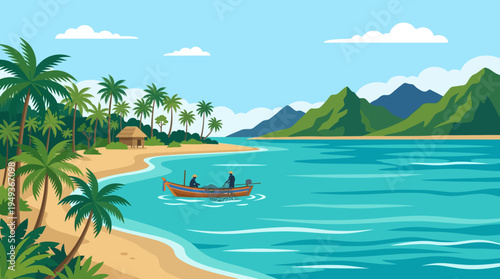Sunny tropical shoreline with palm trees, turquoise sea, and distant mountains under a bright blue sky.