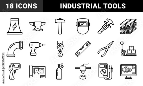 Heavy industry and manufacturing engineering elements in technical monoline style. Bold geometric symbols for mechanical fabrication and workshop production.
