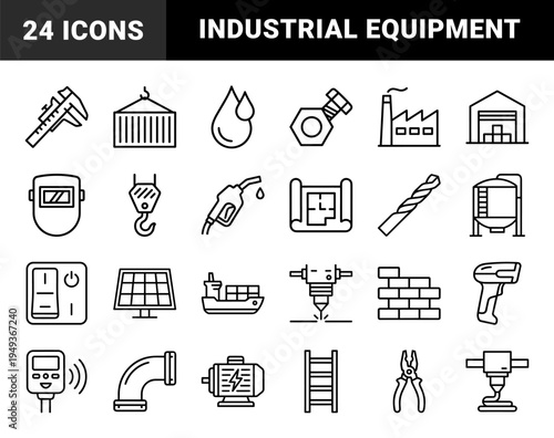 Industrial manufacturing and heavy construction equipment symbols. Technical monoline pictograms for engineering, logistics, and factory workflow.