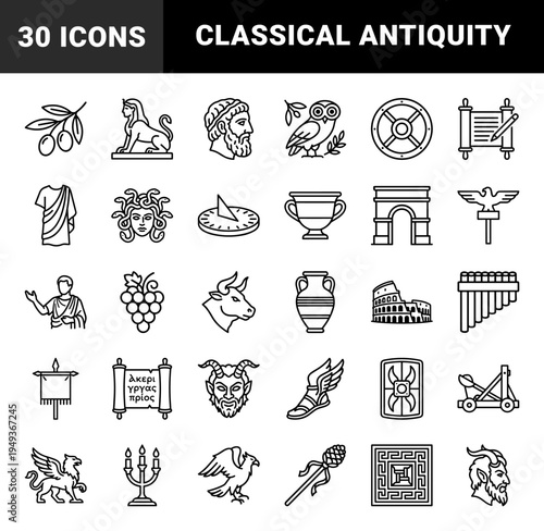 Ancient Greek and Roman civilization symbols for educational materials. Technical monolinear pictograms featuring classical mythology and mediterranean history elements.