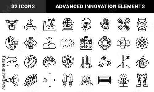 Future technology and scientific innovation concepts featuring aerospace, robotics, and sustainable energy in a technical monoline aesthetic.