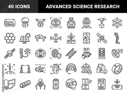 Future technology and scientific innovation line elements for infographics. Technical monoline pictograms featuring robotics, green energy, and biotechnology.