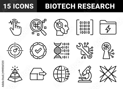 Scientific research and biotechnological innovation symbols for digital interfaces. Technical monolinear pictograms featuring genetic engineering and laboratory analysis.