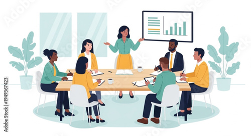 Diverse team collaborates in modern office meeting room during presentation.