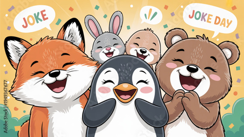 Cartoon animals laughing together on joke day smiling friends