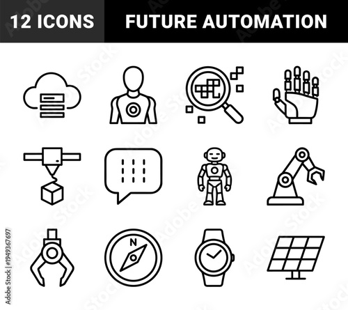 Advanced robotics and automated technology systems featuring bionic limbs, industrial arms, and smart sensors in a bold monoline aesthetic.