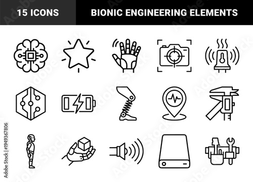 Robotics and bionic engineering technical monoline elements for industrial automation. High-contrast chunky-geometric symbols for cybernetic systems.
