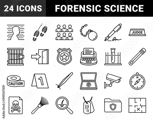 Forensic science and criminal investigation line elements. Technical monoline pictograms for law enforcement, evidence collection, and courtroom procedures.