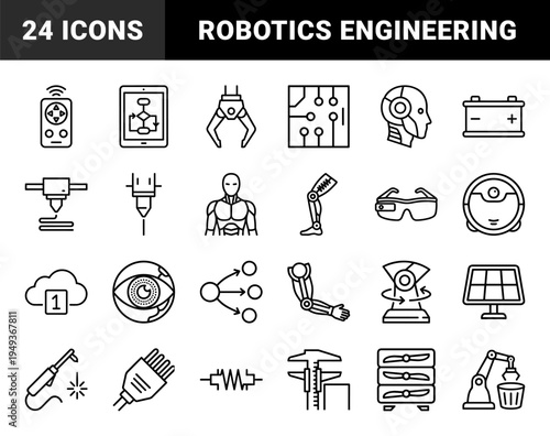 Robotics and automation engineering elements for industrial technical documentation. Monolinear black line art featuring bionic limbs and smart tech.