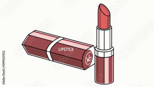 Red lipstick cosmetic with open tube line art illustration