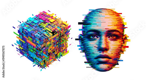 Abstract Digital Glitch Art Portrait of a Human Face and Geometric Cube on Black Background Representing Technology and Virtual Reality