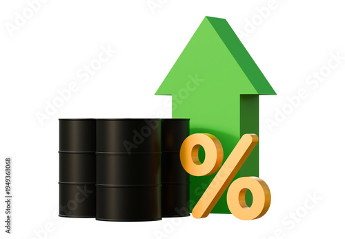 Rising oil prices and energy market growth with green arrow 3d illustration. Black petroleum barrels with upward trend isolated on background.