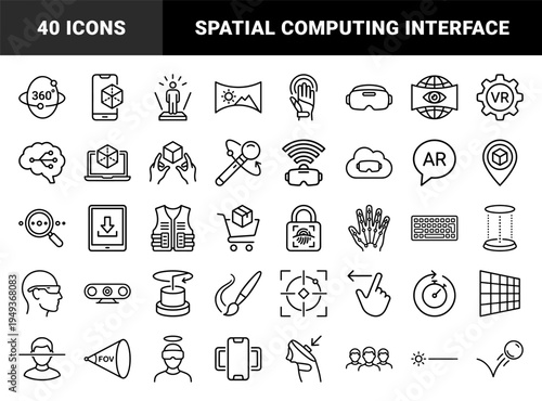 Virtual reality and augmented reality interface elements for immersive technology development. Technical monoline pictograms featuring metaverse and spatial computing concepts.
