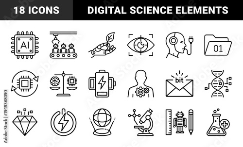 Artificial intelligence and biotechnology development icons. Technical monolinear graphics for future science and digital ethics concepts.