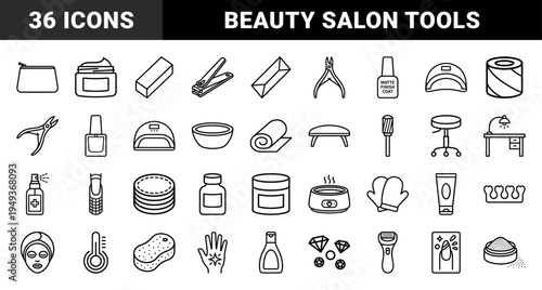 Professional manicure and pedicure treatment elements for beauty salon branding. Technical monoline pictograms featuring nail care and spa wellness equipment.