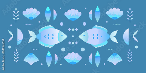 Stylized illustration of two facing fish surrounded by marine elements