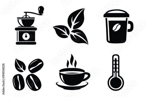 Black and white coffee themed including grinder leaves beans cup thermometer saucer steam coffee grinder