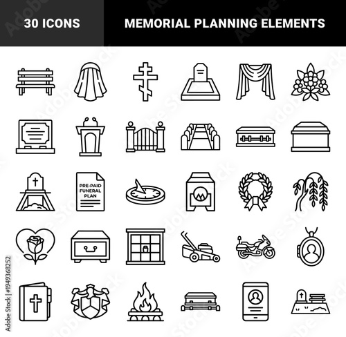 Funeral services and memorial planning elements for bereavement support. Professional monoline pictograms featuring cemetery, burial, and cremation concepts.