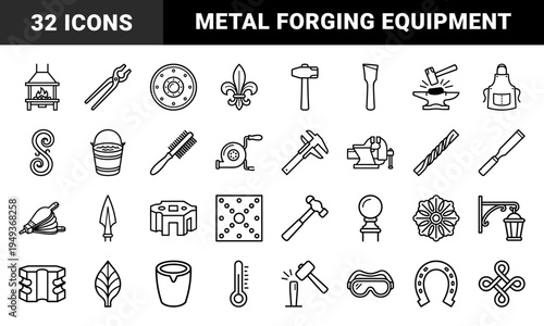 Blacksmithing and metalwork technical monoline pictograms. Professional forging equipment and ironmongery tools for industrial design projects.