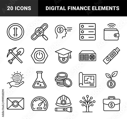 Cryptocurrency mining and blockchain technology elements. Professional monoline pictograms featuring fintech investment and digital finance concepts.