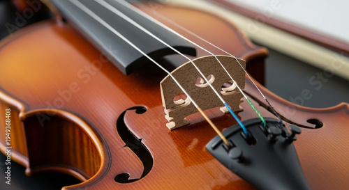 This is a highly detailed close-up photograph of a violin, focusing on its upper body and bridge. The image was taken with a shallow depth of field, which keeps the foreground in sharp focus and the b