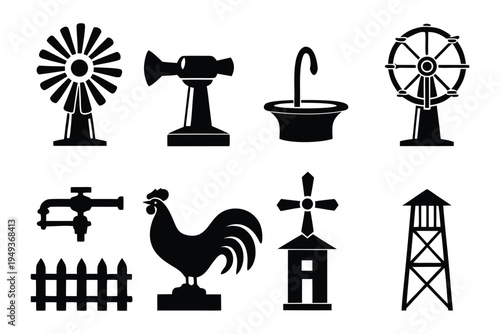 Black and white farm and water set including windmill rooster fence well pump