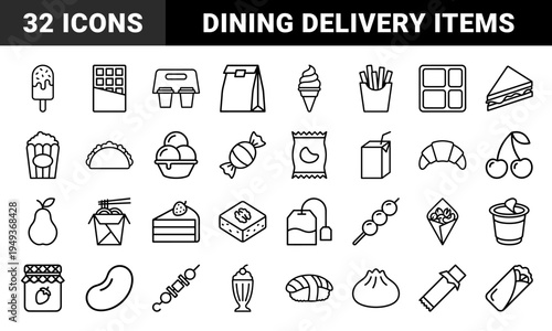 Food and snack delivery elements for mobile application interfaces. Minimalist monoline pictograms featuring diverse global cuisine and treat categories.