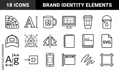 Brand identity development and graphic design workflow elements. Technical monoline pictograms for visual communication and creative studio production.