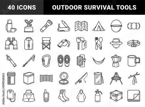 Outdoor adventure and wilderness survival equipment for backcountry camping. Technical monoline pictograms featuring trekking gear and hiking essentials.
