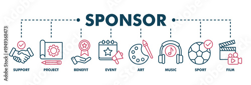 Sponsor banner web color vector illustration concept with icon of support, project, benefit, art, event, music, sport, and film
